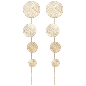 Minimalist gold tassel drop earrings featuring textured metallic circles and long chains