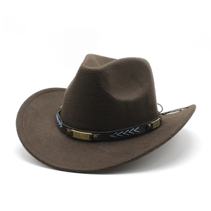 Dark brown wool felt western cowboy hat with embroidered leather band and brass accents