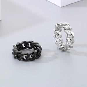 Minimalist Cuban link chain rings in polished silver and black titanium steel finish