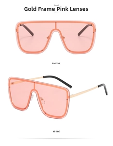 Front and 45-degree side views of oversized gold frame sunglasses with pink lenses