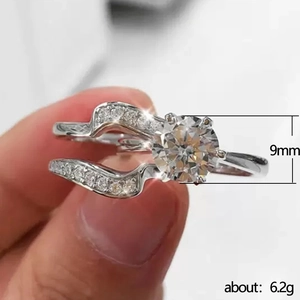 Eleganter 9mm Zirkonia Doppelwellen-Silberring-Set für Verlobung und Hochzeit