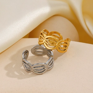 Adjustable Open Ring Stainless Steel 18K Gold Plated Hollow Oval Chain Link Geometric Vintage Hip Hop Jewelry For Women
