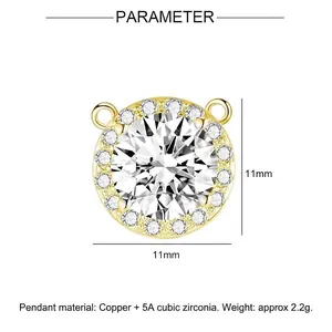 Macro detail of 11mm circular brass pendant with 5A cubic zirconia and small stones