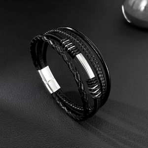 Men's multilayer braided leather bracelet with stainless steel magnetic clasp