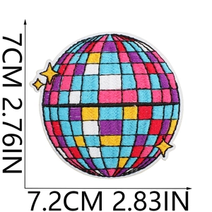 Detailed view of disco ball embroidered patch with dimensions 7.2cm by 7cm