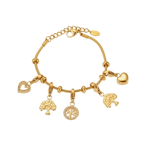Pulsera dorada de acero inoxidable con dijes de corazón de cristal y árbol de vida