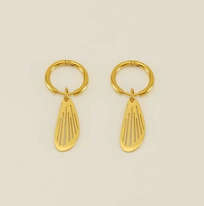 Macro detail of golden stainless steel hoop earrings with hollow cicada wing pendants