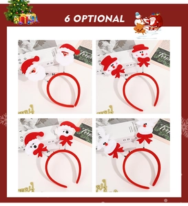 Close-up of four Christmas headbands featuring Santa Claus, snowman, and bear characters