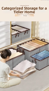 Detail of stackable houndstooth fabric storage bins with brown handles for closet organization