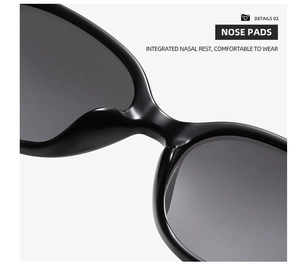Detail of integrated nose pads on black cat-eye sunglasses for comfortable wear