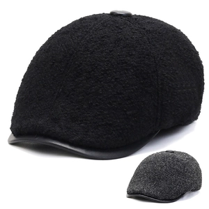 Men Winter Warm Flat Cap Faux Lamb Wool Ivy Hat With Ear Flaps PU Leather Brim Fleece Lined Outdoor Newsboy Hat