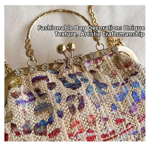 Detail of colorful straw weave texture with gold metal clasp and rhinestone bow accent