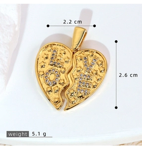 Detailed view of gold plated heart pendant with zircon love inlay showing size dimensions