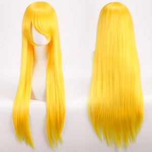 Front and back detail of smooth 80cm long straight yellow cosplay wig on model head