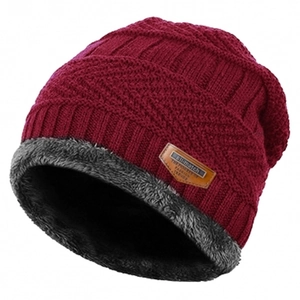 Winter wine red knitted beanie for men and women with warm gray fleece lining