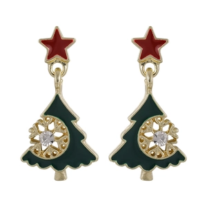 Weihnachtsbaum-Ohrringe mit grünem Emaille, Gold-Design und roten Stern-Details