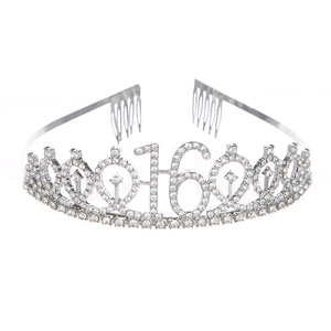 Sparkling silver rhinestone tiara featuring the number 16 for 16th birthday celebrations