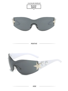 Detailed view of Y2K rimless sunglasses with silver star decor and black white frame