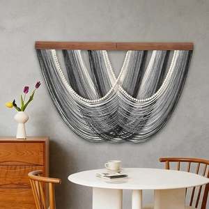 Suspension Murale Macramé Fait Main Dégradé Gris Corde Coton Tapisserie Avec Perles Bois Et Tige Bois Déco Bohème