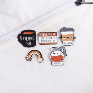 Five-piece coffee enamel pin set with creative slogans on white canvas background