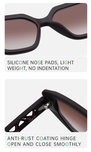Detail of soft silicone nose pads and anti-rust metal hinges on cat eye sunglasses