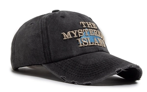 Detail of vintage washed cotton baseball cap with The Mysterious Island 3D embroidery