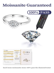 Detail showing S925 sterling silver moissanite ring with GRA certificate and diamond tester
