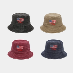 Vintage Washed Cotton Bucket Hat With USA Flag And USA Embroidery Outdoor Sun Protection Sunshade Cap Unisex Retro Style