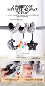 Juguete sensorial blanco y negro para cochecito con colgantes de luna, nube y estrellas