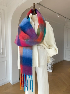 Detailed close-up of soft gradient plaid scarf with mohair texture and long fringes