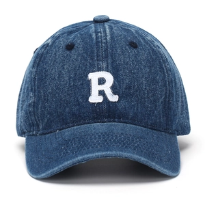 Navy blue denim baseball cap featuring white R letter embroidery in vintage American style