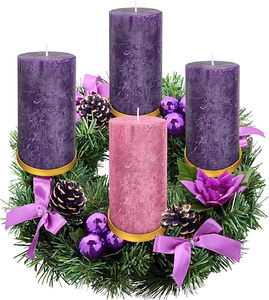 Detail of Advent wreath with purple and pink pillar candles, pine cones, and ornaments