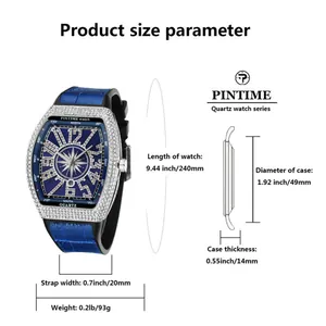 Detailed size specifications for the tonneau-shaped full diamond quartz men's watch