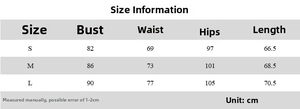 Size guide table for polka dot mini dress including bust waist and hips measurements