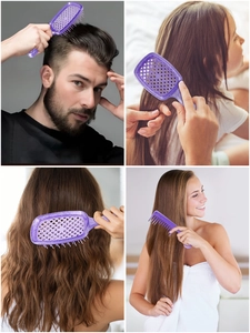 Paarse holle massageborstel getoond in vier verschillende dagelijkse haarverzorgingstaken