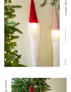 Close-up of lighted Santa gnome hanging ornaments with warm LED glow on Christmas tree