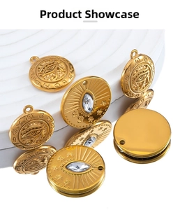Macro view of gold stainless steel Eye of Horus pendants with crystals for DIY jewelry making
