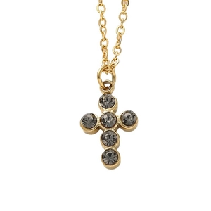 Minimalist gold cross pendant necklace with smoky gray crystals on a classic O-chain