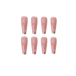 Long coffin nude French press-on nails with white snowflakes and glitter accents