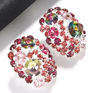 Luxurious round clip-on earrings with vibrant multi-color rhinestones and silver-tone base