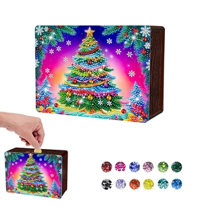 DIY Christmas tree wooden piggy bank with colorful resin rhinestones for diamond painting