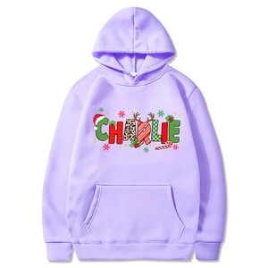 Light purple Christmas hoodie with Charlie letters print and festive icons for couples