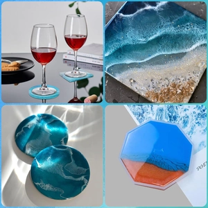 Artistic ocean theme resin coaster set in round, square and octagon shapes with wave detail