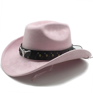 Detailed close-up of pink suede cowboy hat featuring a silver bull head metal ornament