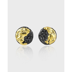 S925 Sterling Silver Two-Tone Stud Earrings For Women 18K Gold Plated Lava Texture Geometric Round Retro Niche Jewelry For Party Daily Wear