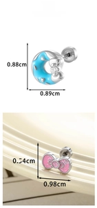 Detail of doughnut and bow cartilage earrings with enamel finish and screw back