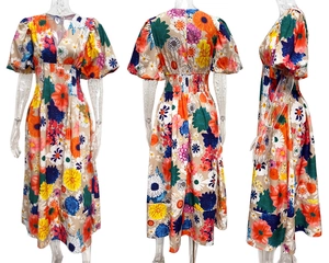 Detailed front, back and side view of floral puff sleeve A-line maxi dress for women