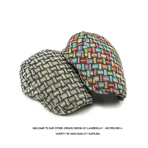 Retro ethnic style beret with woven jacquard pattern and plaid newsboy cap design