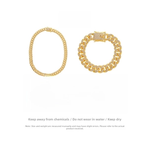 Detailed view of rhinestone paved gold link chain necklace and bracelet with dimensions