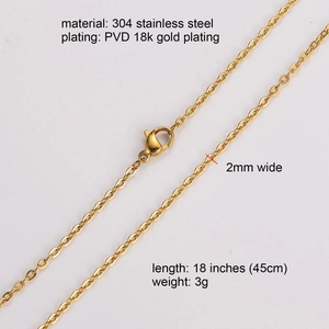 Detail of 2mm 18k gold plated stainless steel cable chain with lobster clasp mechanism